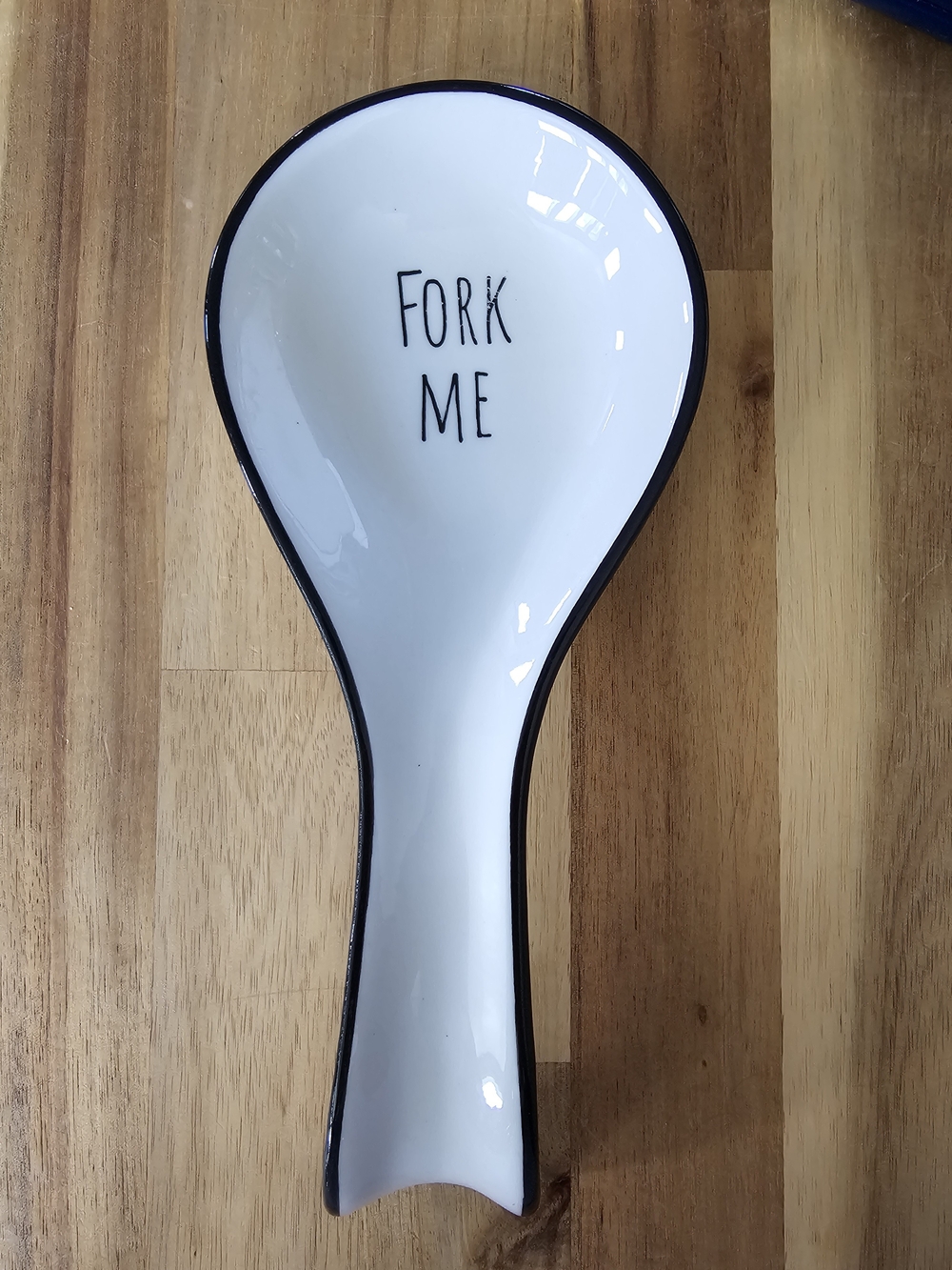 White Ceramic Spoon Rest with Black Trim - Fork Me